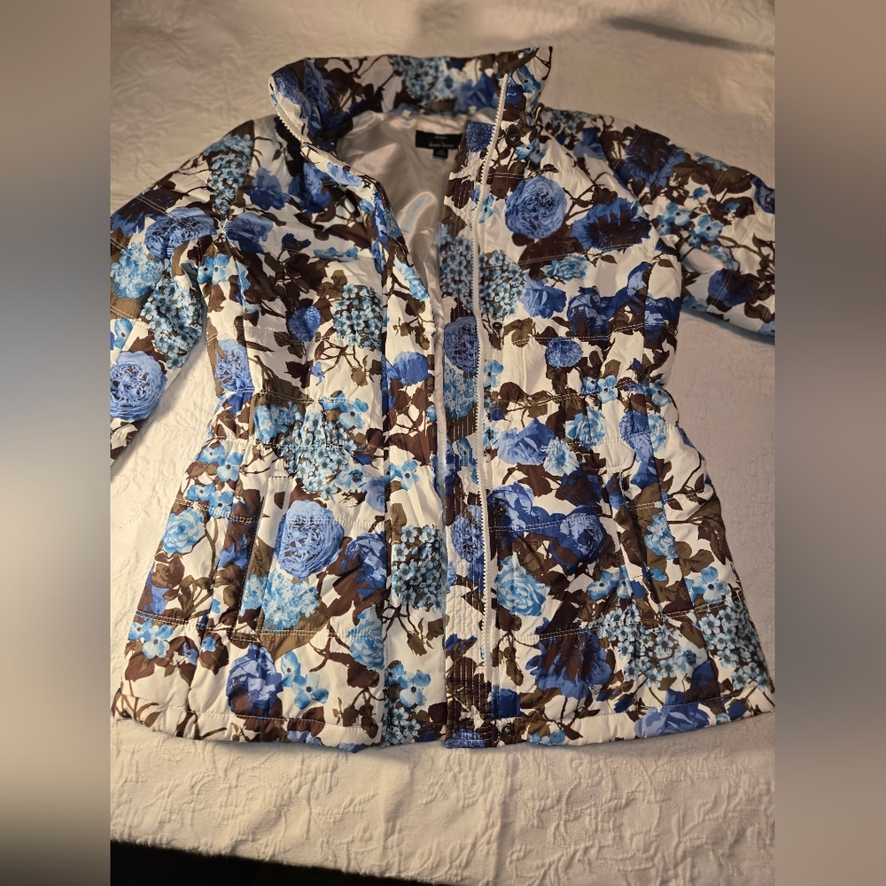 Dennis Basso Coat.  Blue And Brown Floral Print.  Women's Size XS